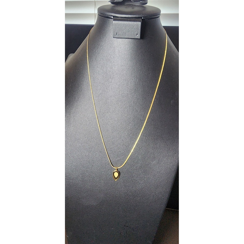 Gold Tone Snake Chain Teardrop Pendant Necklace Cream Black Enamel Minimalist